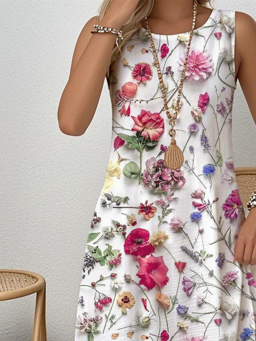 Simple Cotton Crew Neck Floral Dress