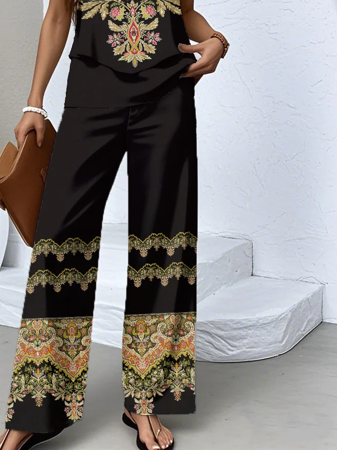 Casual Geometric Ethnic Pattern Vest Pants Two-Piece Set