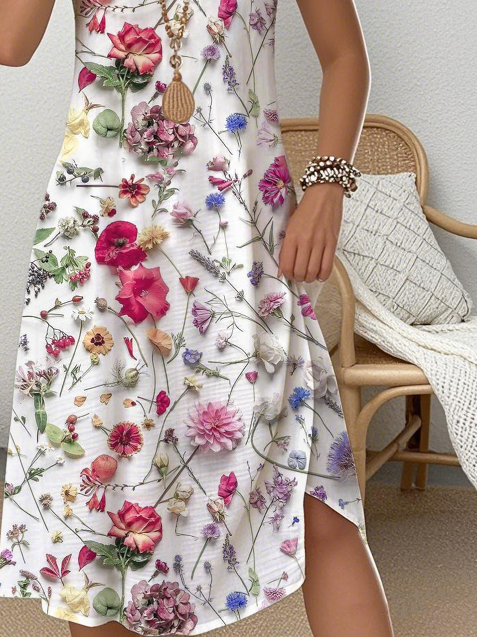Simple Cotton Crew Neck Floral Dress