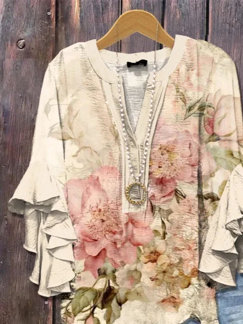 Women's Half Sleeve Shirt Summer Apricot Floral Printing V Neck Daily Going Out Casual Top