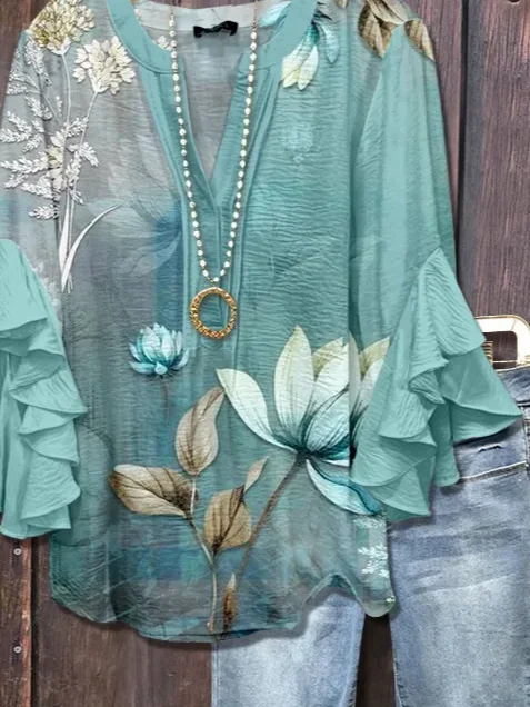 Women's Half Sleeve Shirt Summer Cyan Floral Printing V Neck Daily Going Out Casual Top