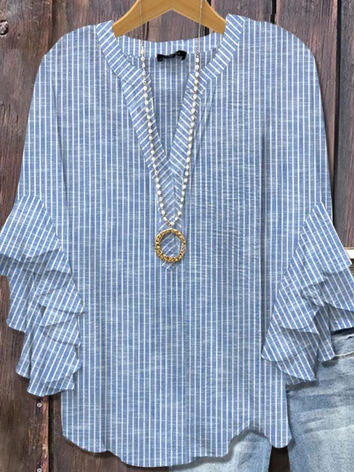 Casual Regular Fit Striped V Neck Blouse