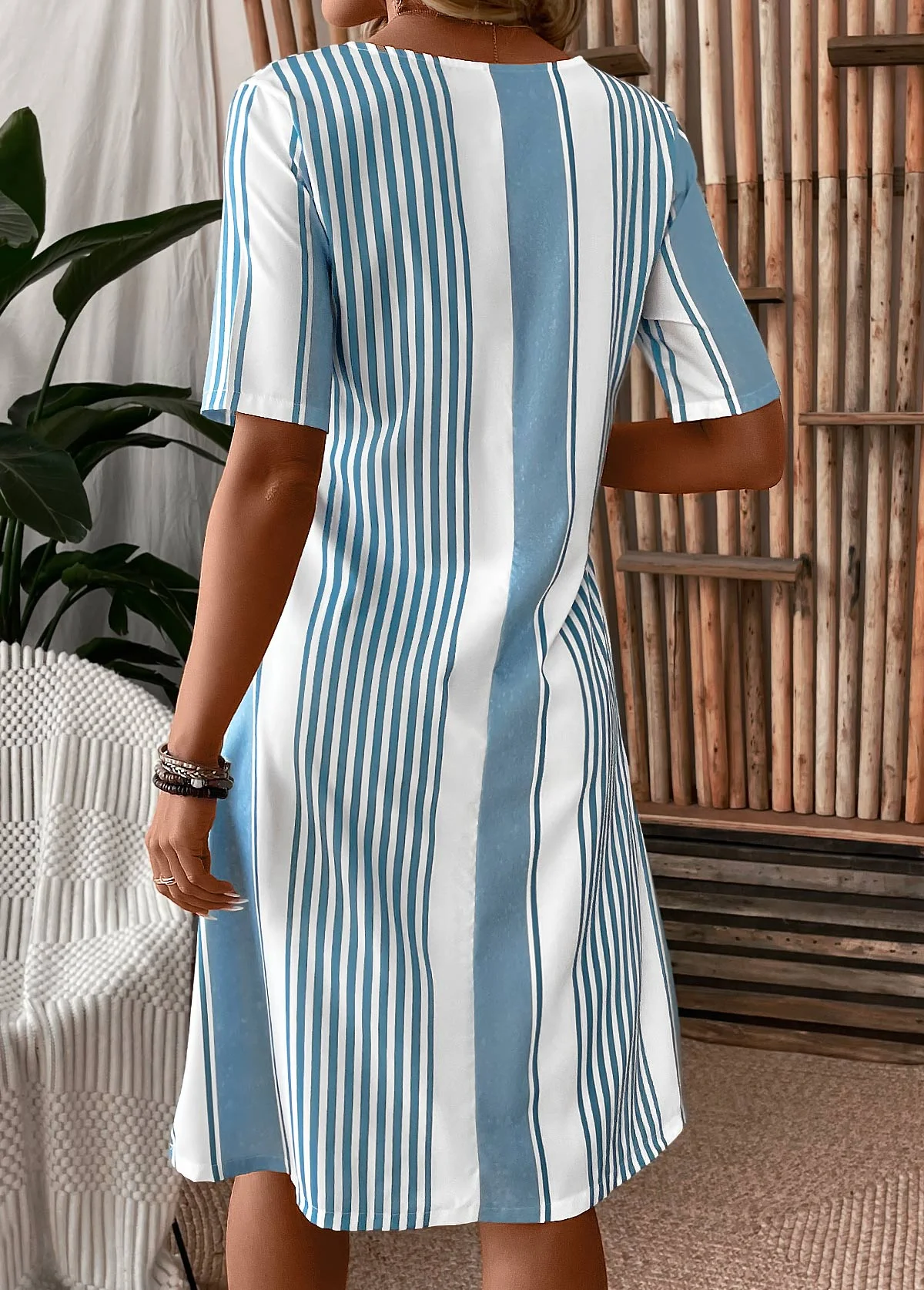 Casual Striped Cotton Crew Neck Dress With No