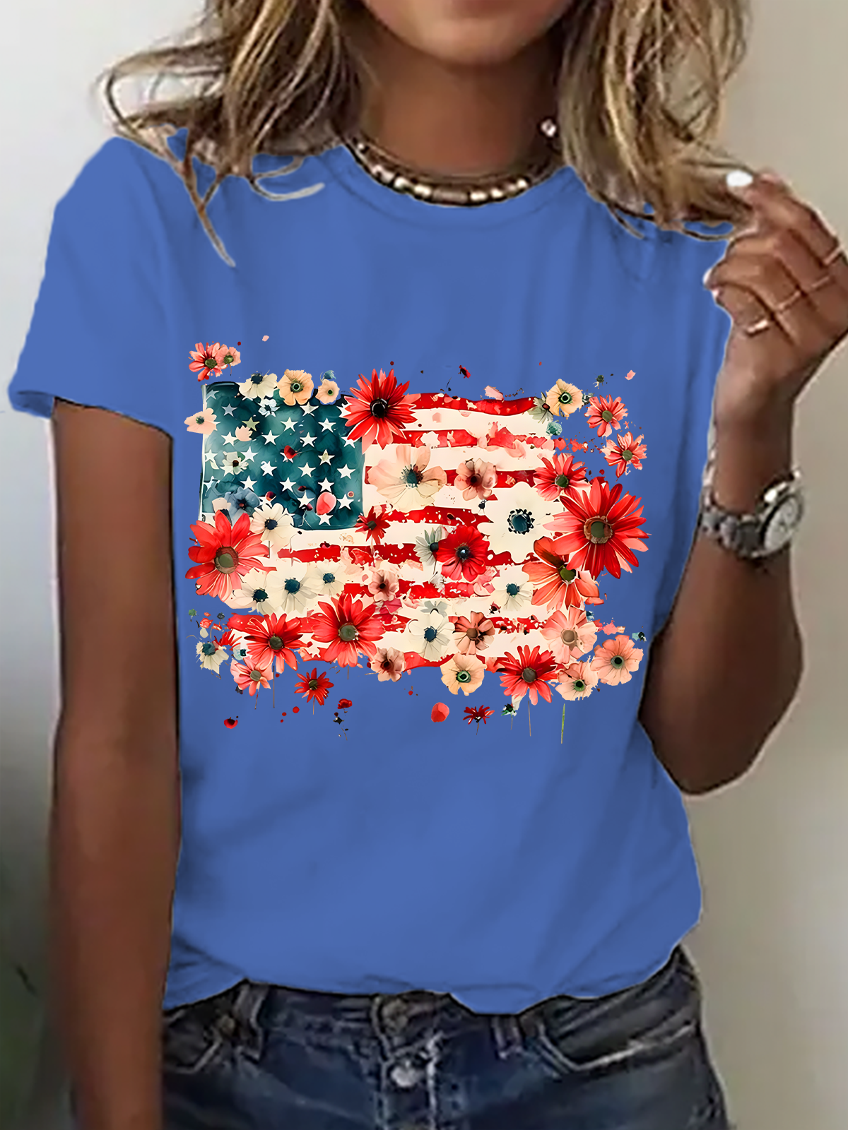 Floral American Flag Cotton T-Shirt