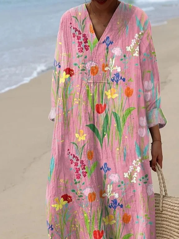Women's Vintage Flowers Print Casual Long Sleeve Dress