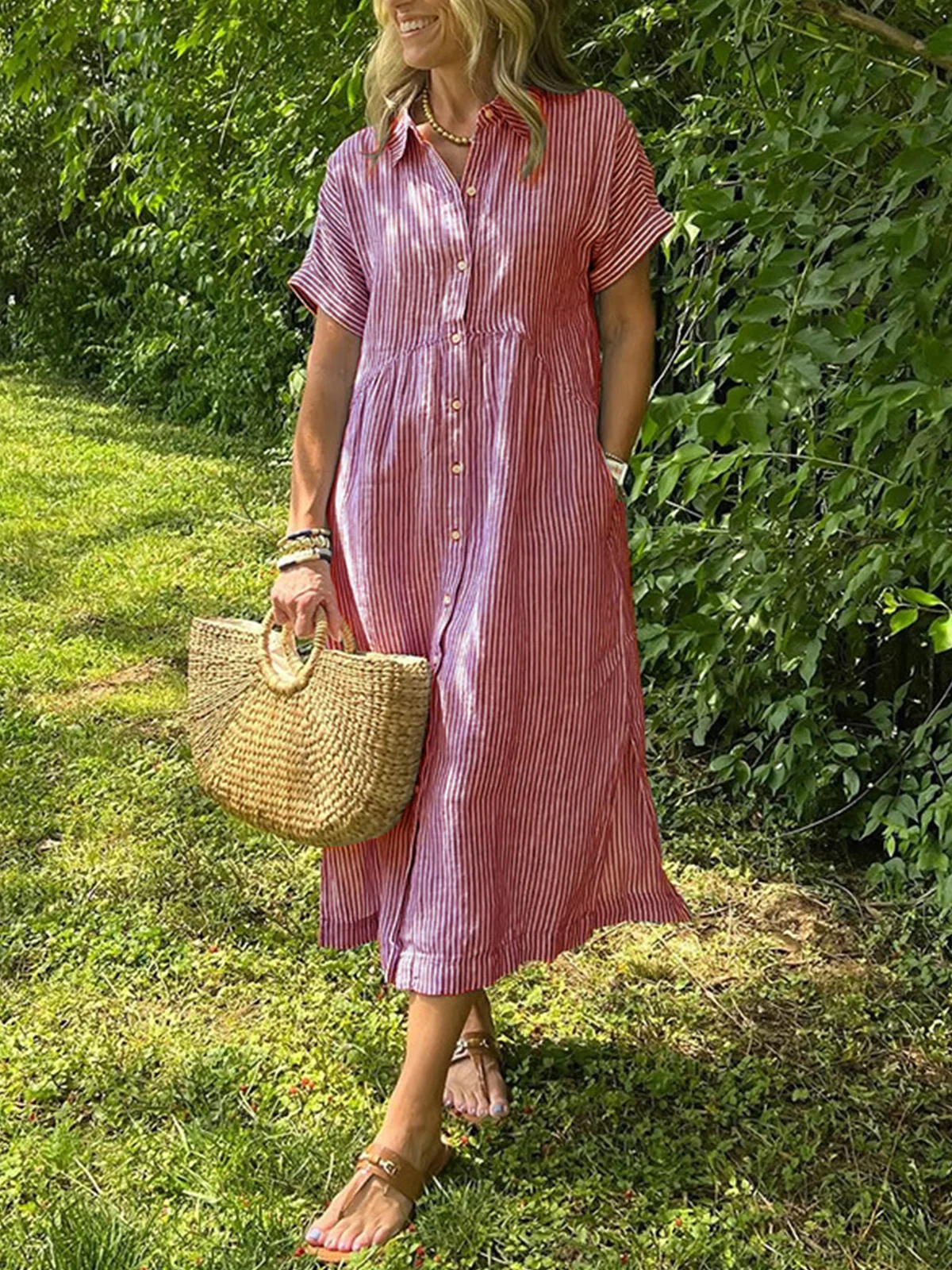 Casual Striped Shirt Collar Maxi Dress