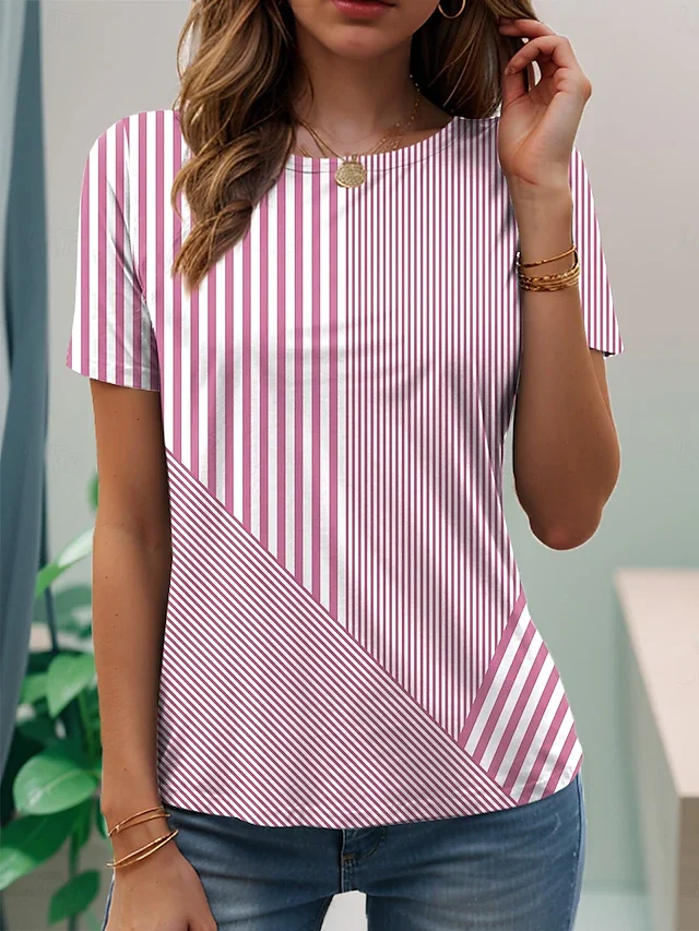Casual Crew Neck Short Sleeve Striped Top