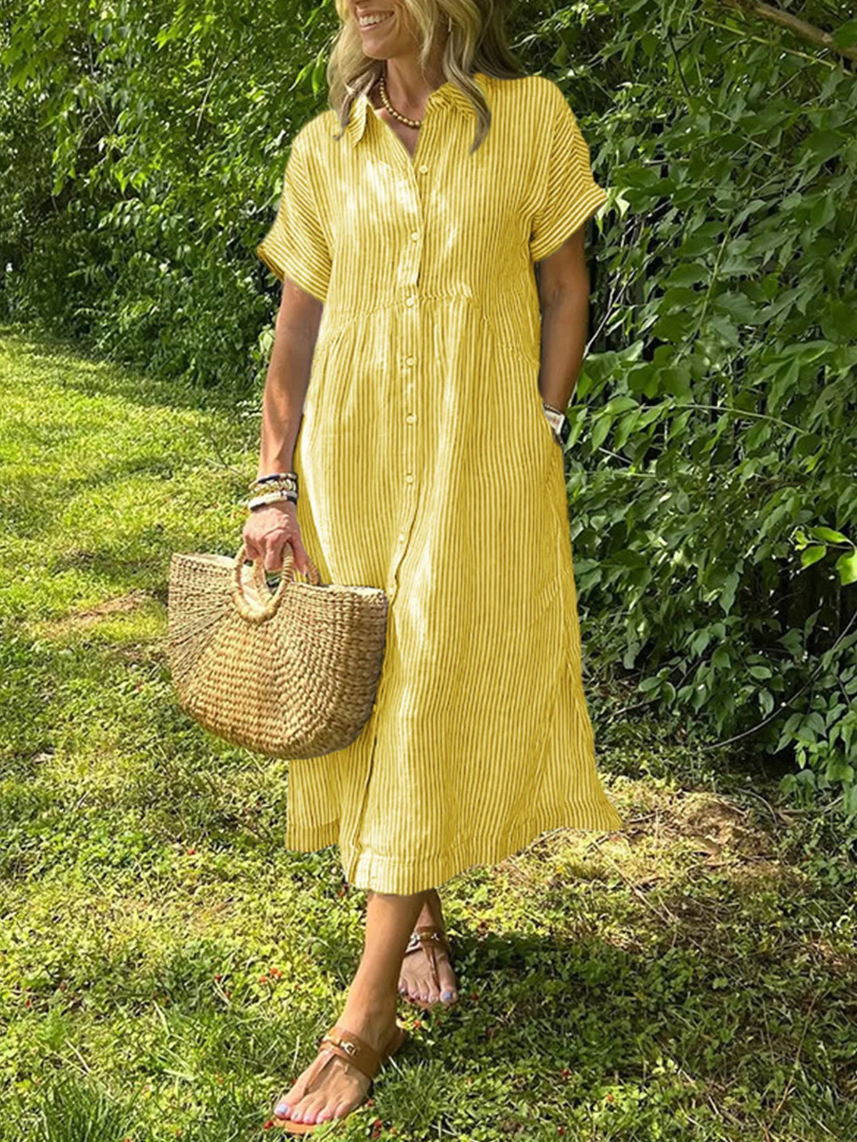 Casual Striped Shirt Collar Maxi Dress