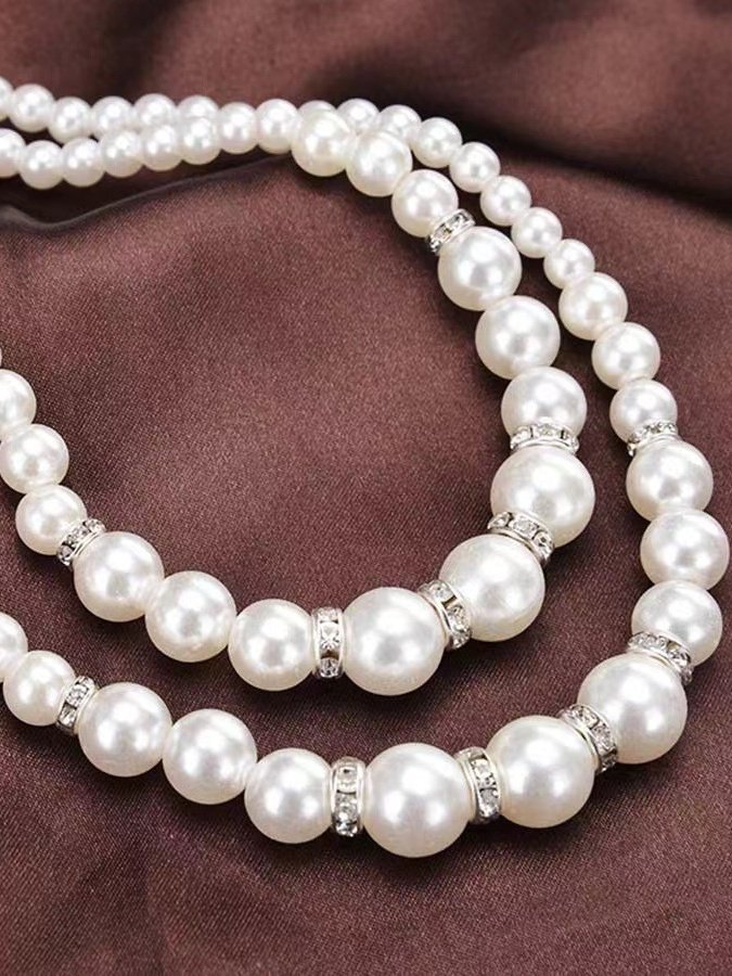Fashion Imitation Pearl Beaded Necklace Temperament Diamond Double Layer Pearl Sweater Long Chain Necklace