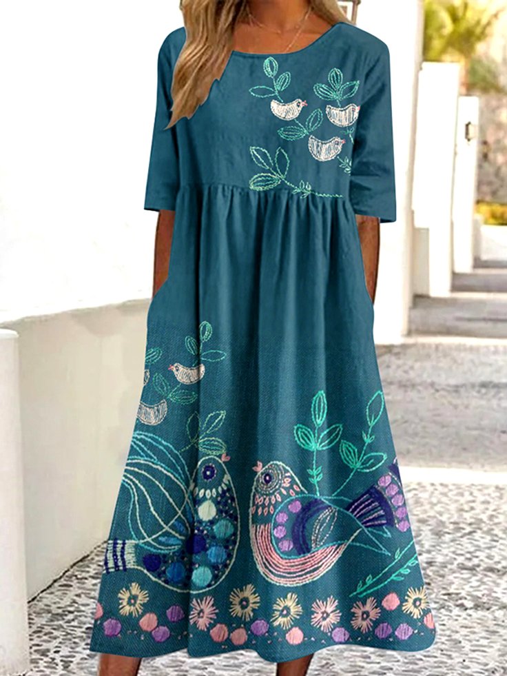 Crew Neck Animal Casual Dress With No