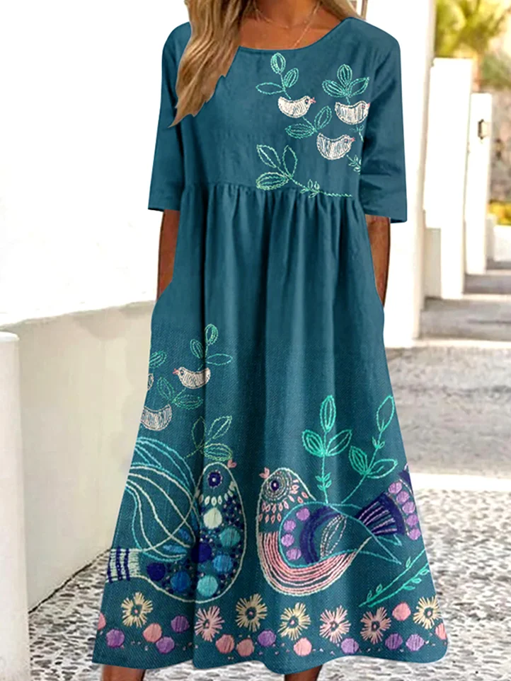 Crew Neck Animal Casual Dress With No