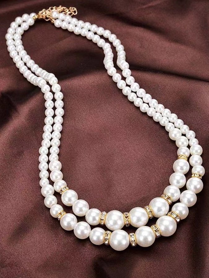 Fashion Imitation Pearl Beaded Necklace Temperament Diamond Double Layer Pearl Sweater Long Chain Necklace