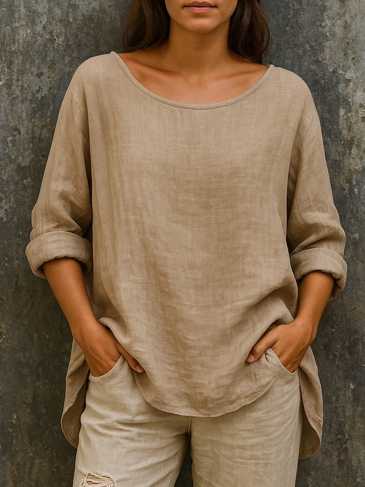 Linen Crew Neck Casual Regular Fit T-Shirt