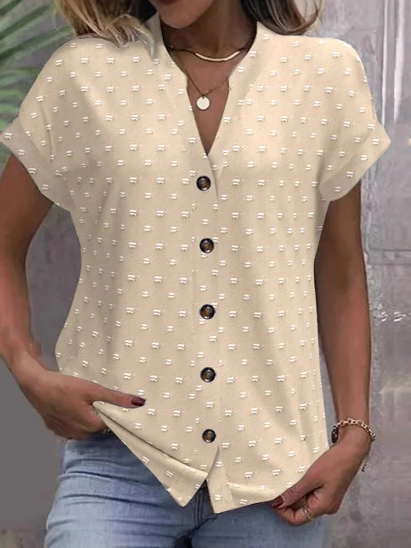 Women's Short Sleeve T-shirt Summer Blue Plain Jacquard Cotton V Neck Daily Going Out Casual Top