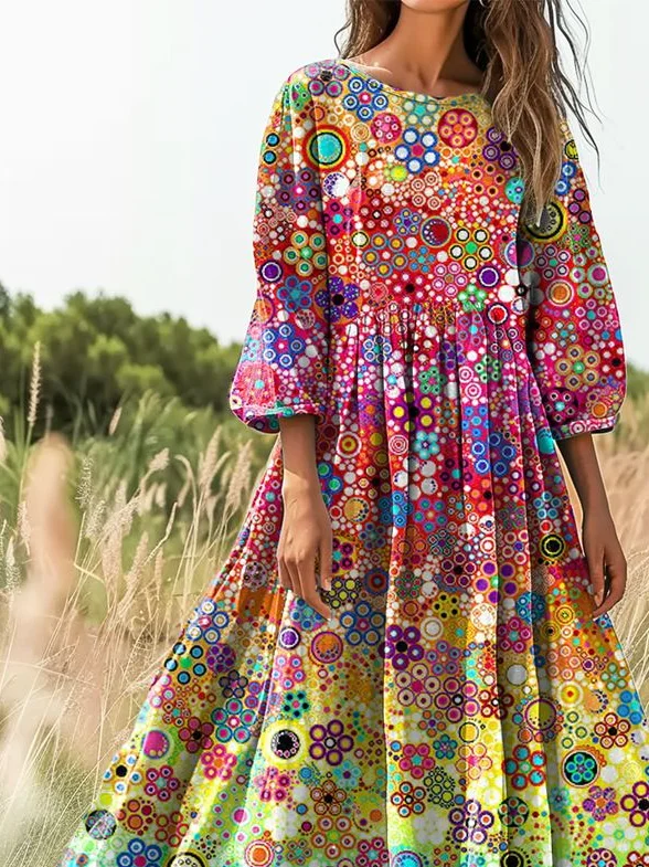 Loose Casual Crew Neck Gradient Pattern Dress