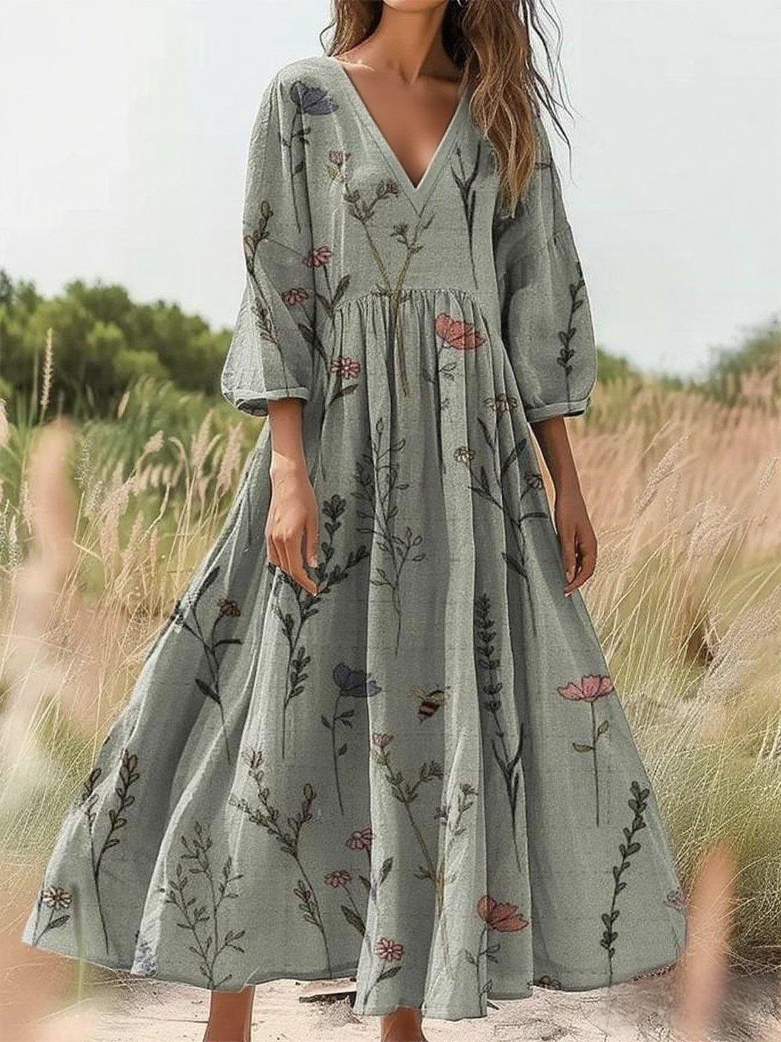 Women's Wildflower Art Print Crew Neck Pocket Cotton Dress