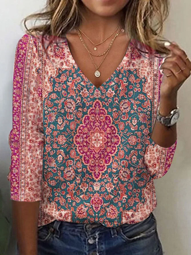 Print Casual V Neck Long Sleeve T-Shirt