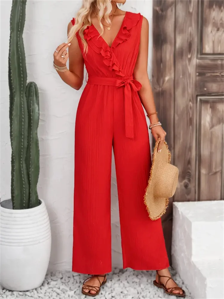 Women's H-Line Overall V Neck Daily Going Out Casual Sash Plain Summer Long Jumpsuit Romper