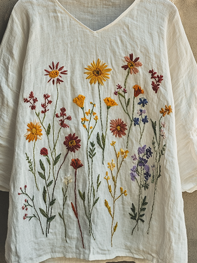 Print Casual V Neck Three-Quarter Sleeves T-Shirt