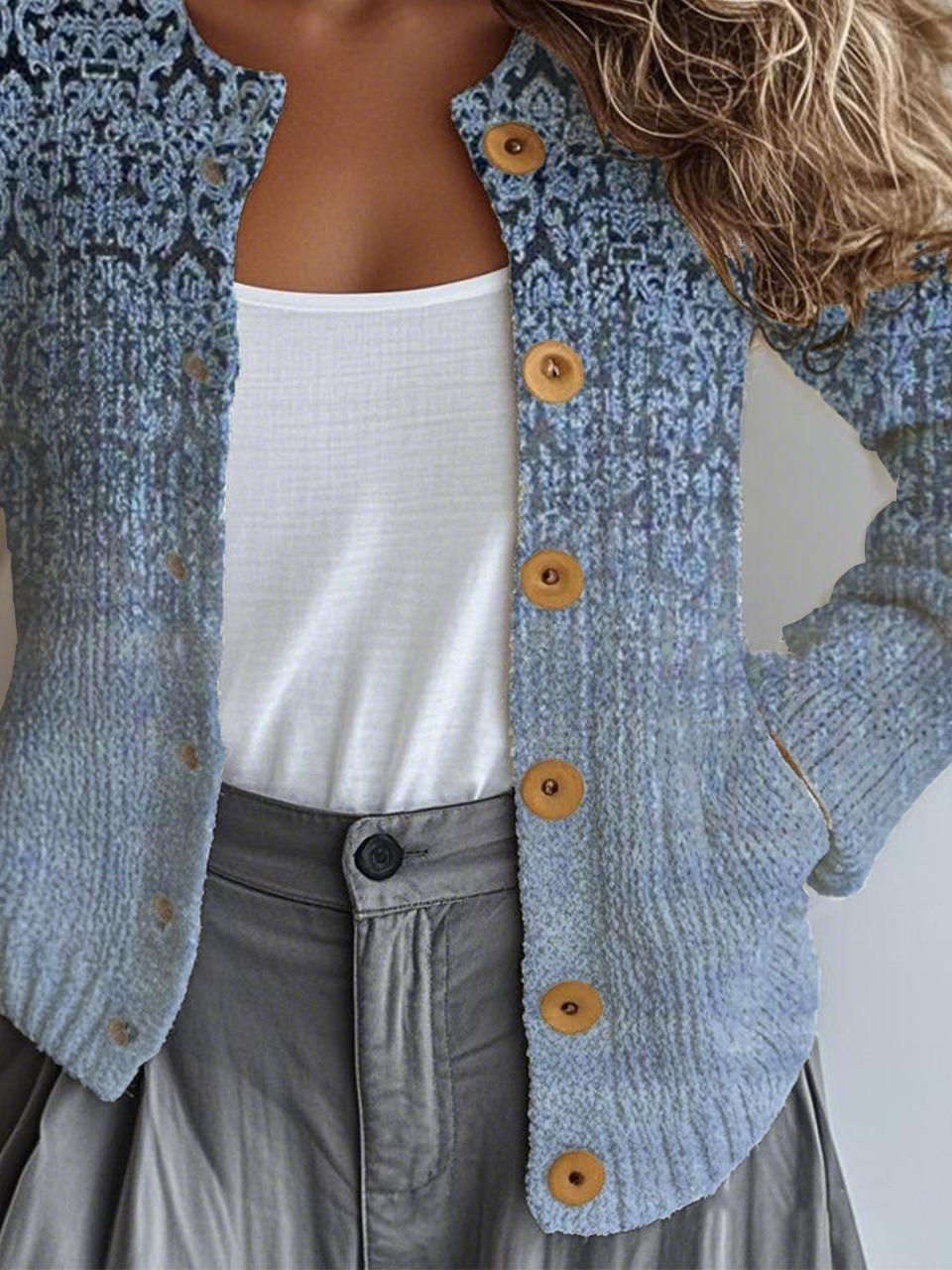 Gradient Pattern Loose Crew Neck Ethnic Cardigan