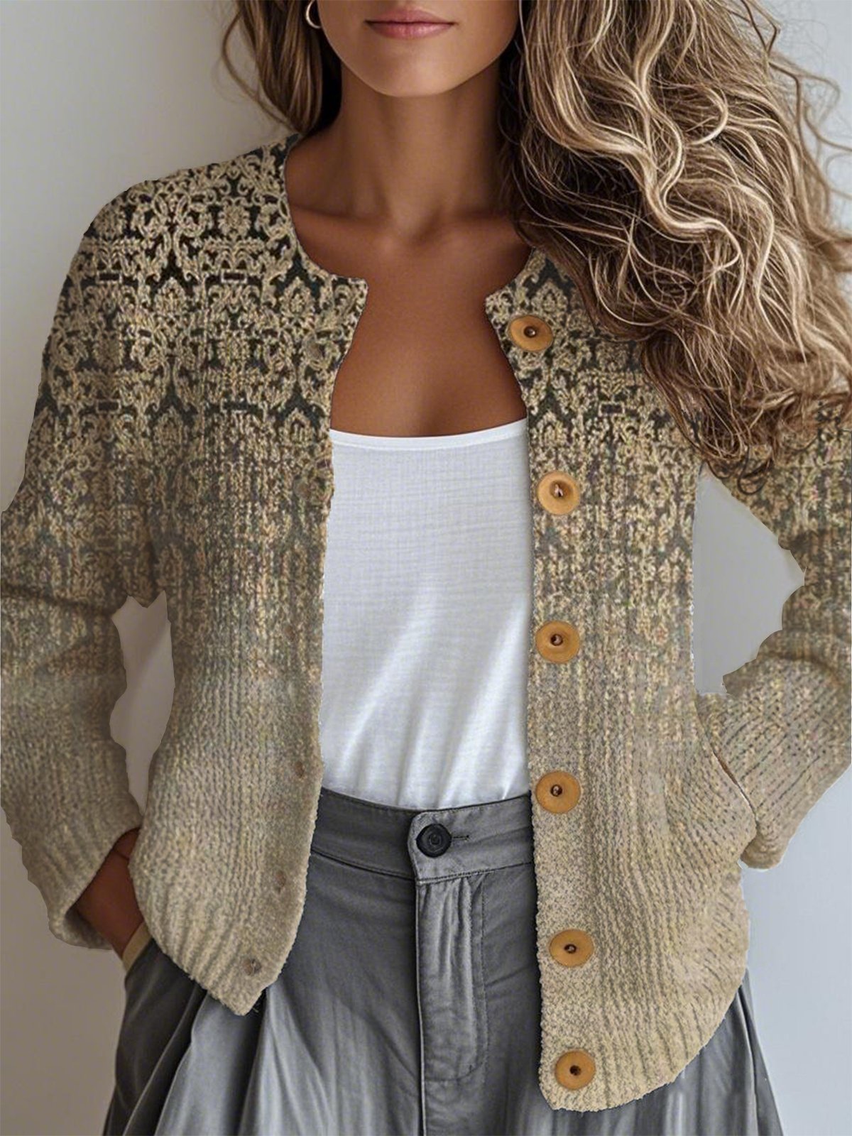 Gradient Pattern Loose Crew Neck Ethnic Cardigan