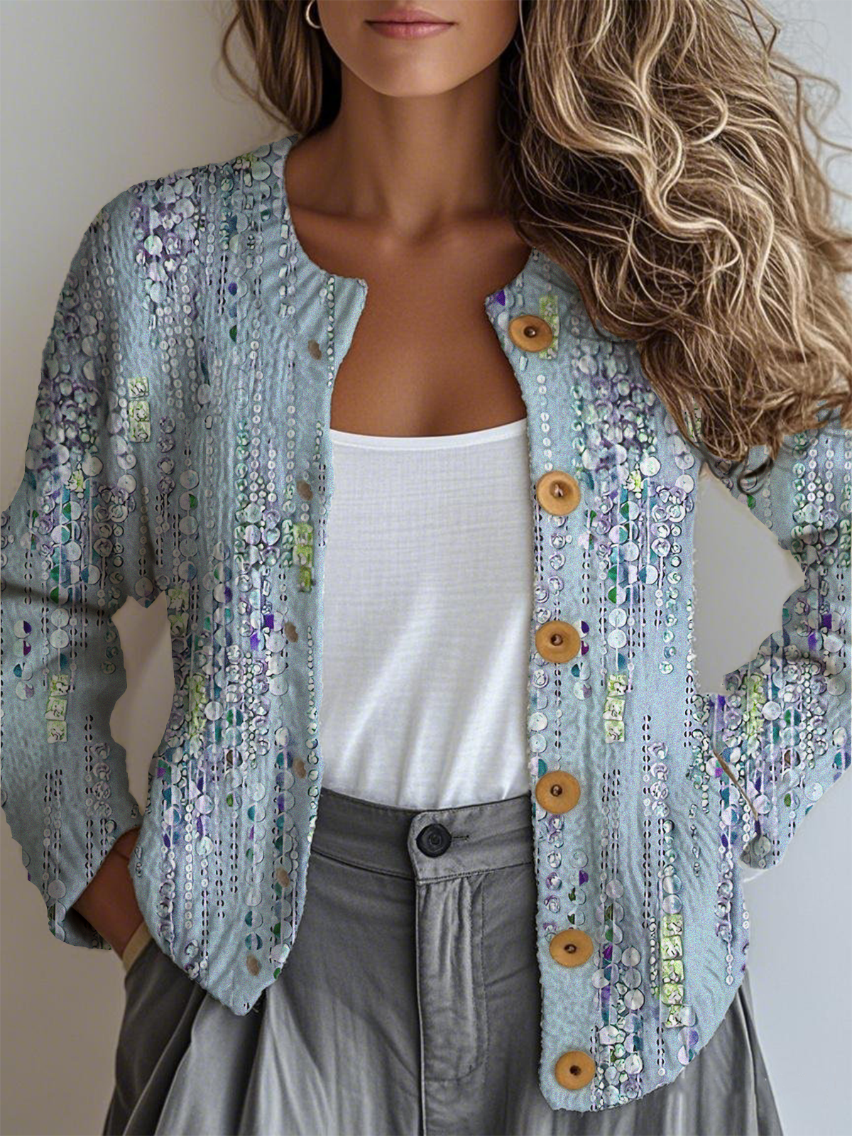 Loose Ethnic Crew Neck Gradient Pattern Cardigan