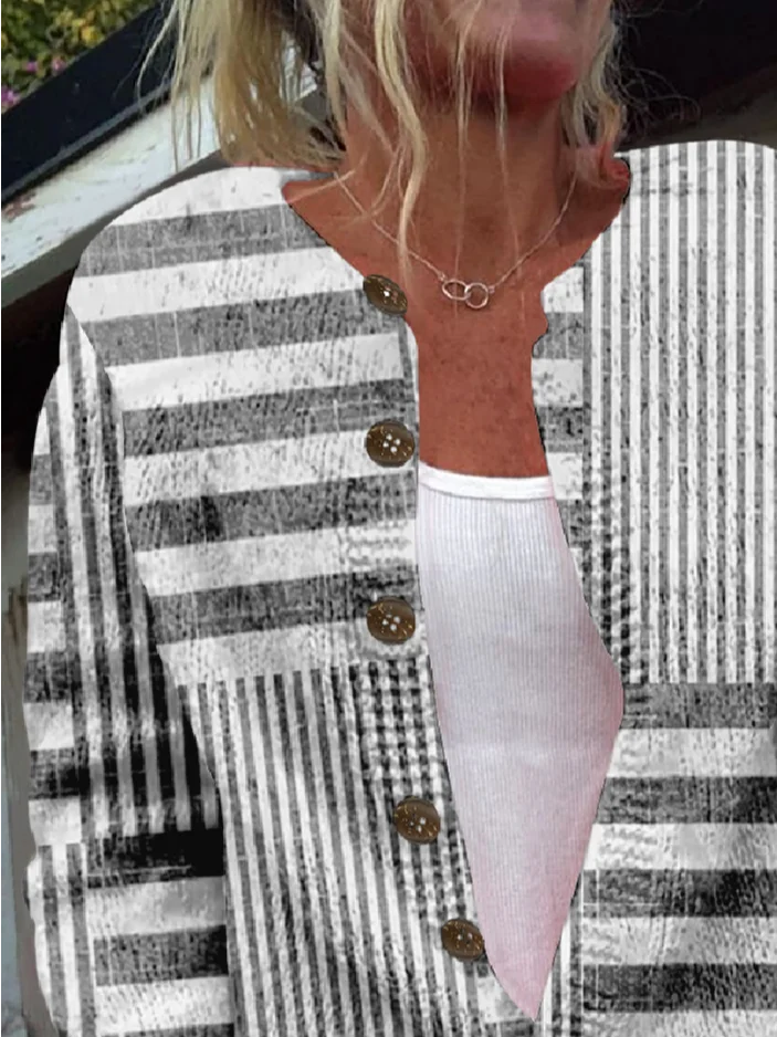Ethnic Striped Knitted Crew Neck Cardigan