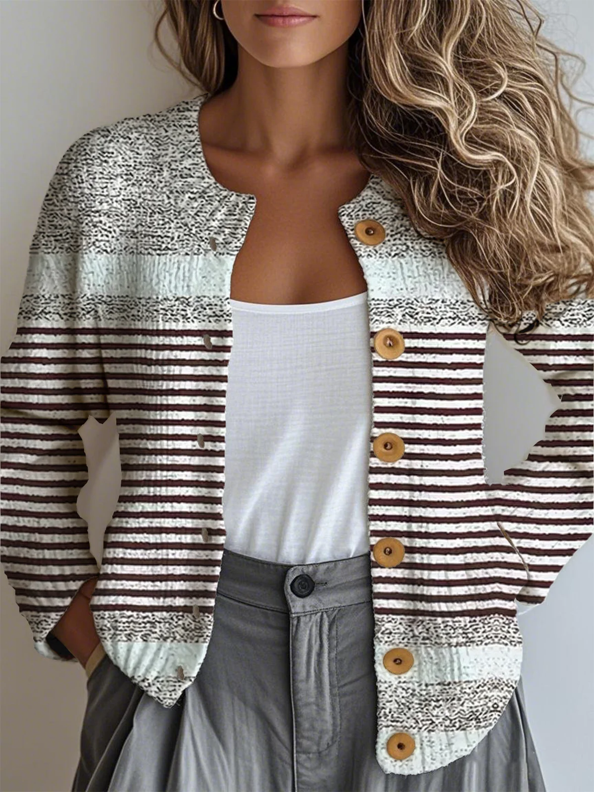 Women Striped Ethnic Spring/Fall Micro-Elasticity Daily Loose Crew Neck Regular Regular Cardigans