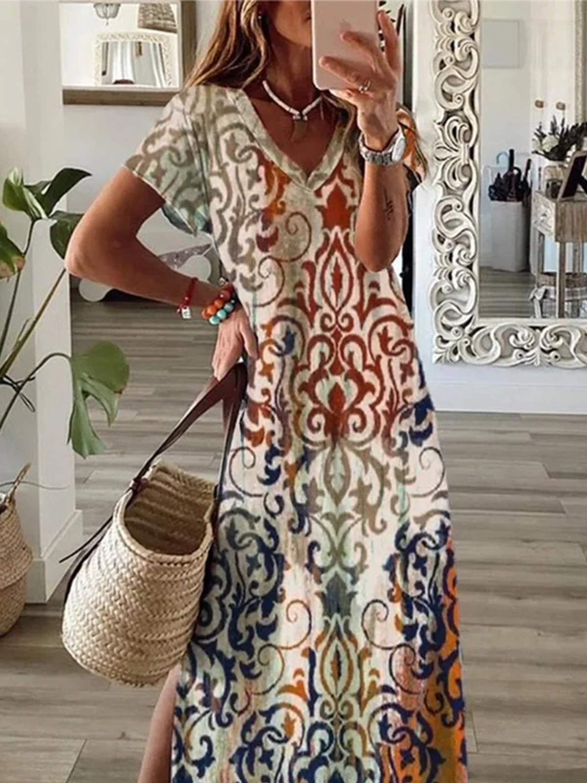 Casual Regular Fit V Neck Dress With No