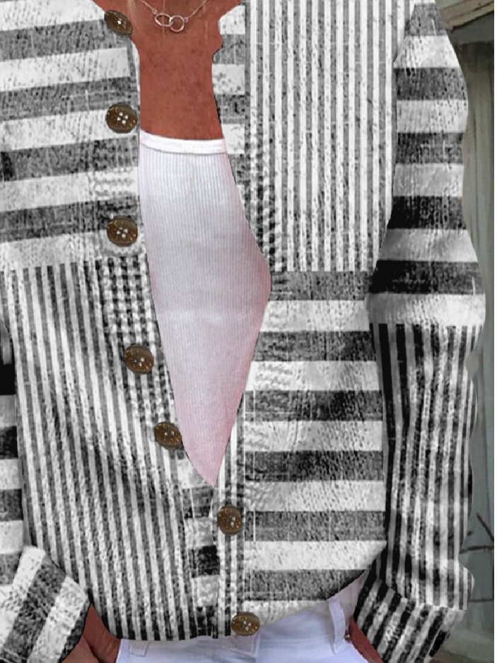 Ethnic Striped Knitted Crew Neck Cardigan