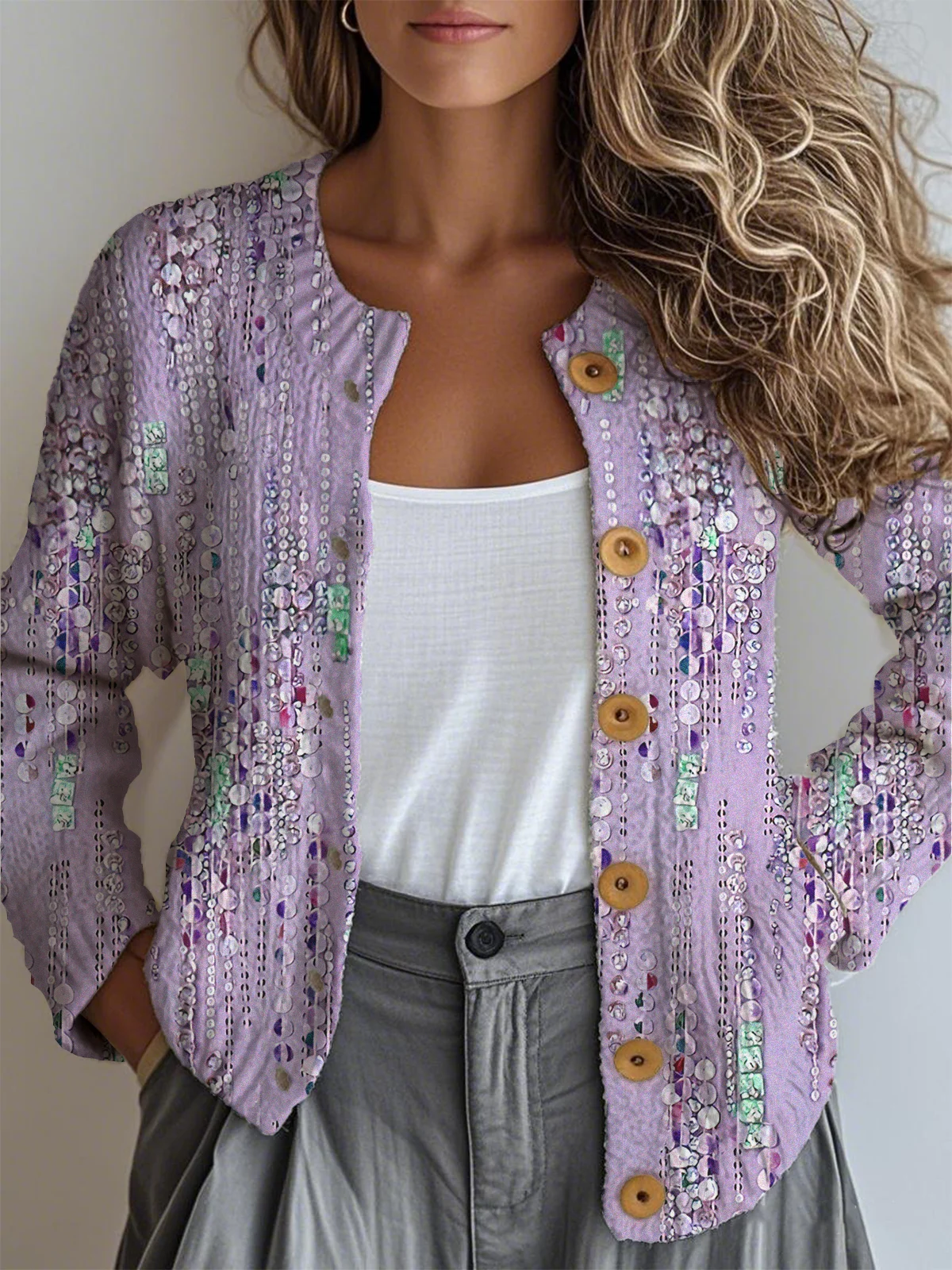 Loose Ethnic Crew Neck Gradient Pattern Cardigan