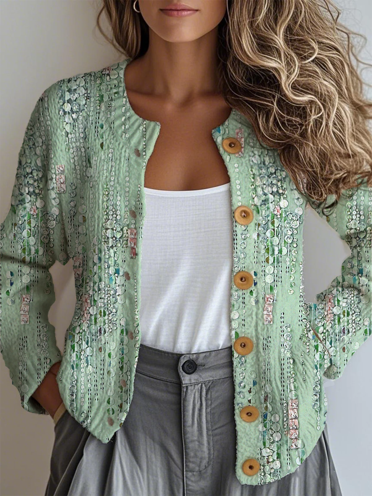 Loose Ethnic Crew Neck Gradient Pattern Cardigan