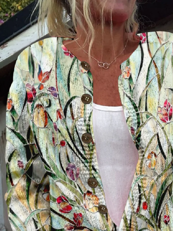 Crew Neck Floral Casual Loose Cardigan