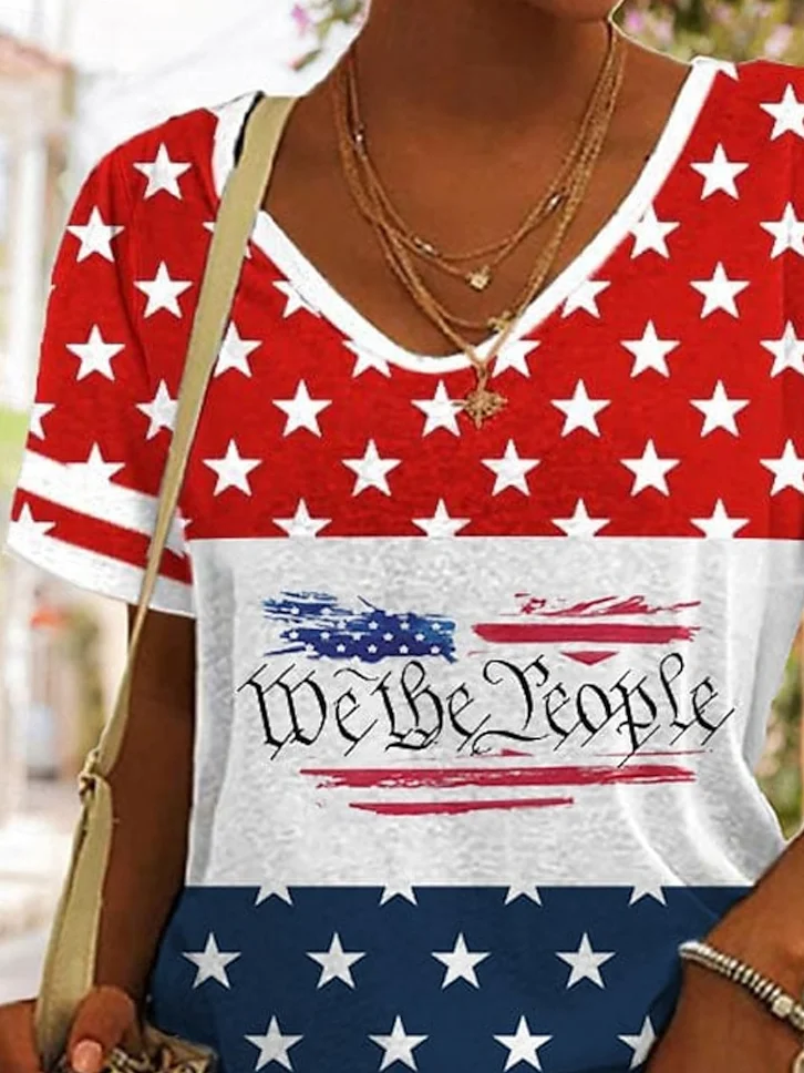 Women's American Flag Print V-Neck Cotton Blend Short Sleeve T-Shirt