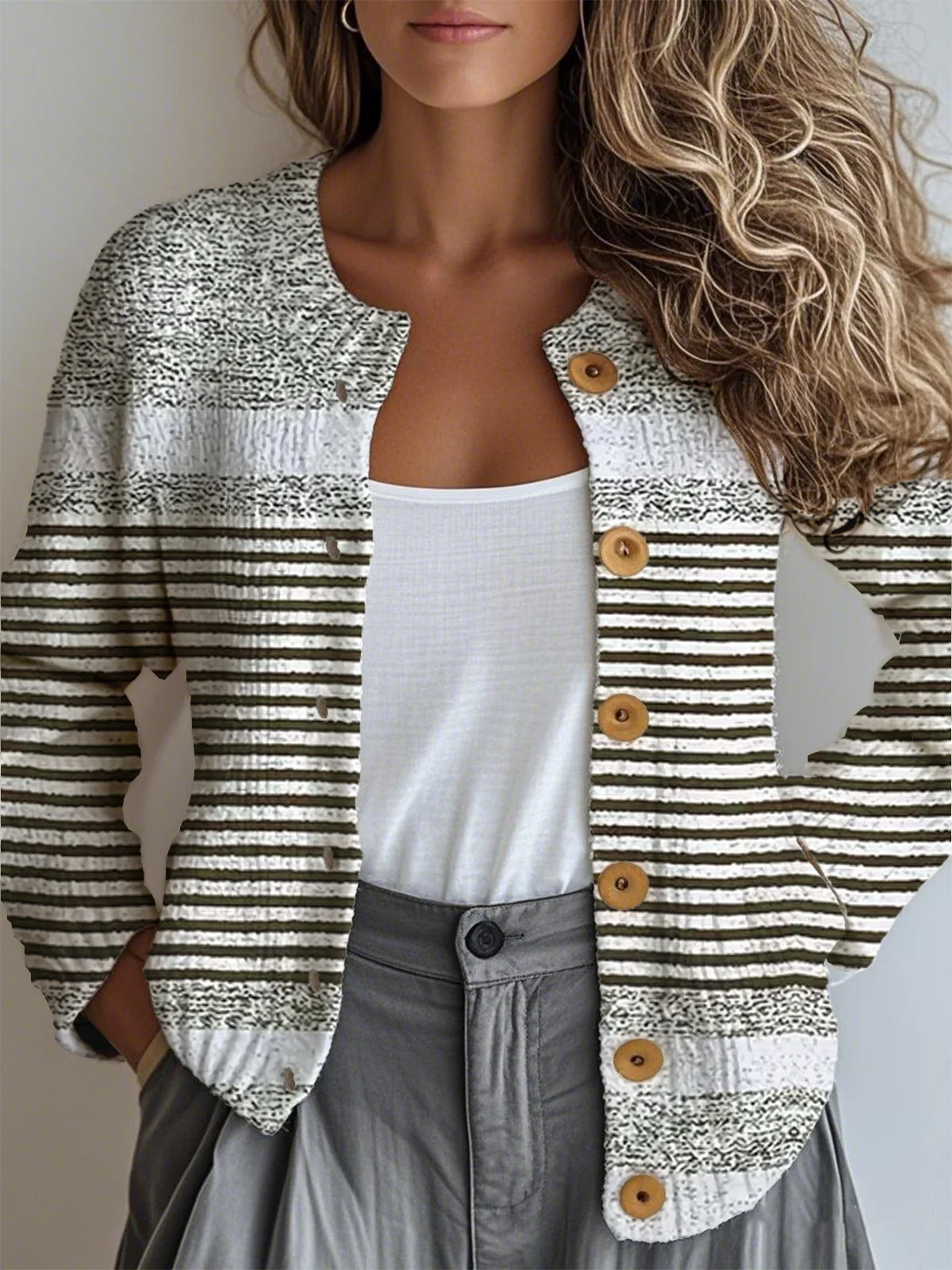 Women Striped Ethnic Spring/Fall Micro-Elasticity Daily Loose Crew Neck Regular Regular Cardigans