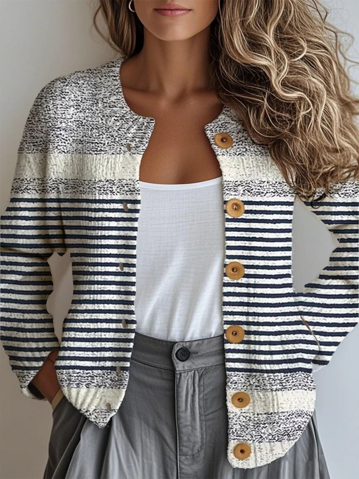 Women Striped Ethnic Spring/Fall Micro-Elasticity Daily Loose Crew Neck Regular Regular Cardigans