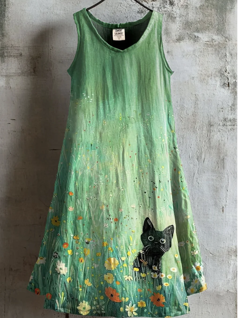 Casual Linen Floral Crew Neck Dress With No