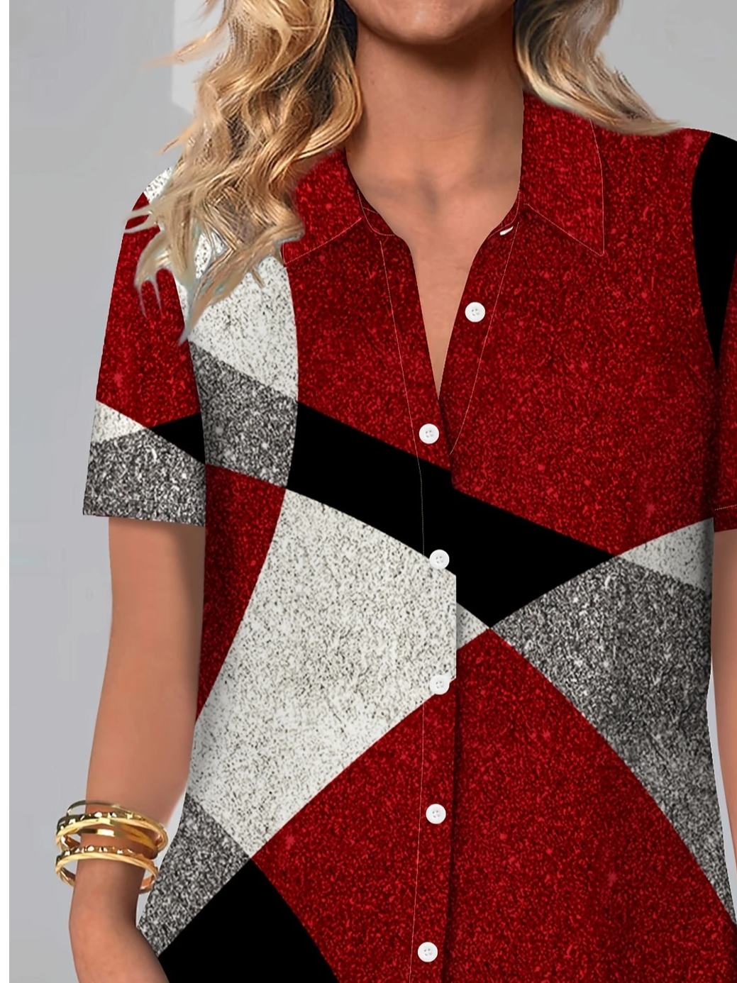 Women's Short Sleeve Shirt Summer Red Geometric Printing Shirt Collar Daily Going Out Casual Top