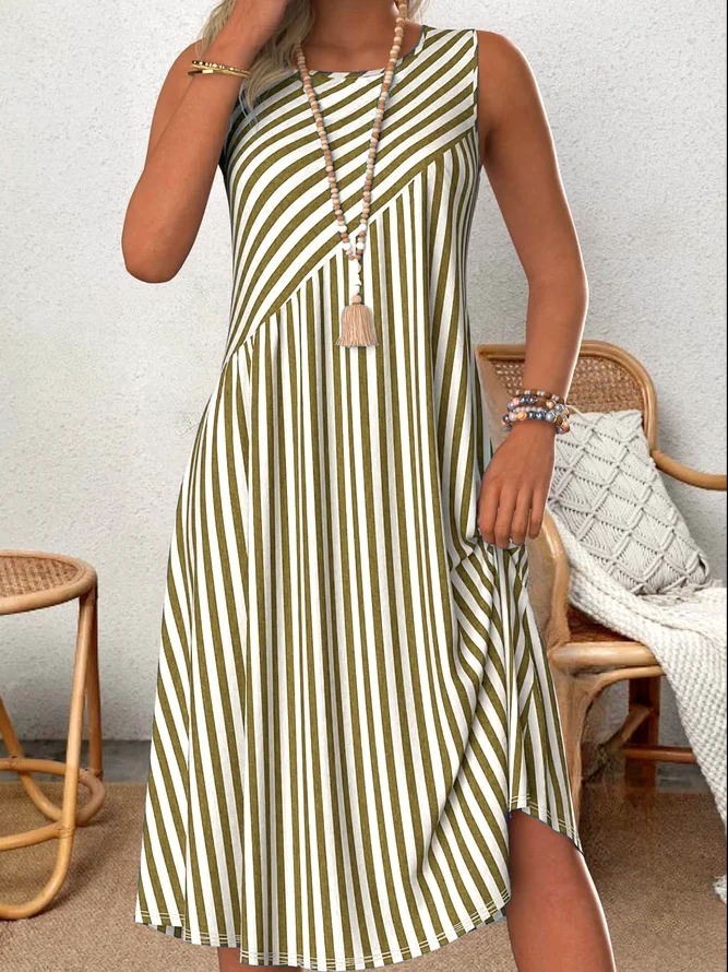 Striped Loose Simple Crew Neck Dress With No