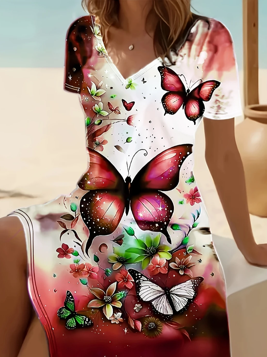 Women's Short Sleeve Summer Wine Red Floral Printing V Neck Daily Going Out Casual Midi A-Line Fit & Flare Dress Dress