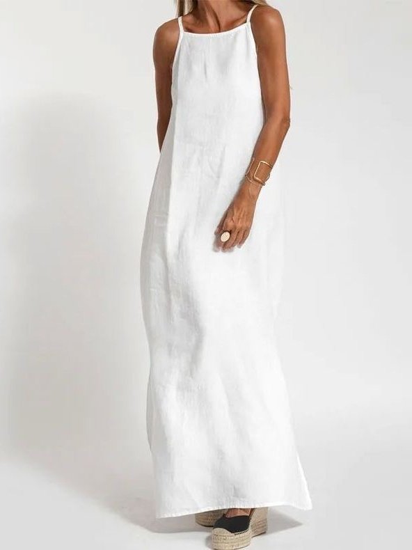 Women's Sleeveless Summer White Plain Split Joint Crew Neck Daily Going Out Vintage Maxi A-Line Tank Dress
