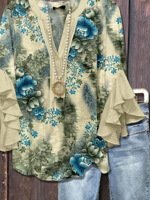 Women's Half Sleeve Shirt Summer Beige Floral Printing V Neck Daily Going Out Casual Top