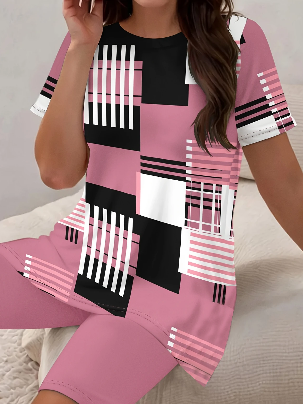 Women's Printing Abstract Stripes Daily Going Out Two-Piece Set Pink Casual Summer Top With Pants Matching Set