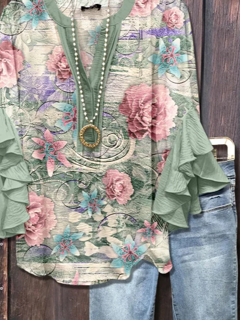 Women's Half Sleeve Shirt Summer Green Floral Printing V Neck Daily Going Out Casual Top