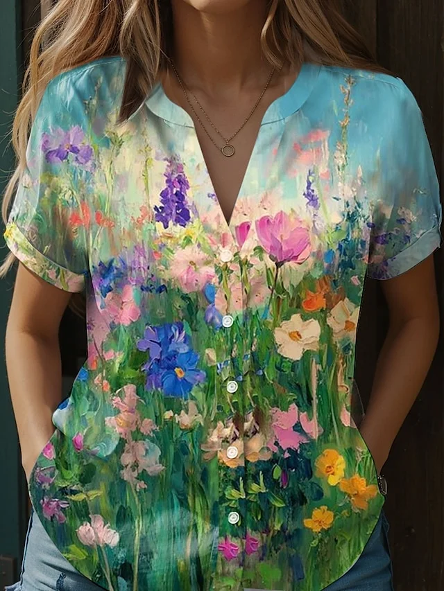 Women's V-Neck Button-Down Short-Sleeved Shirt