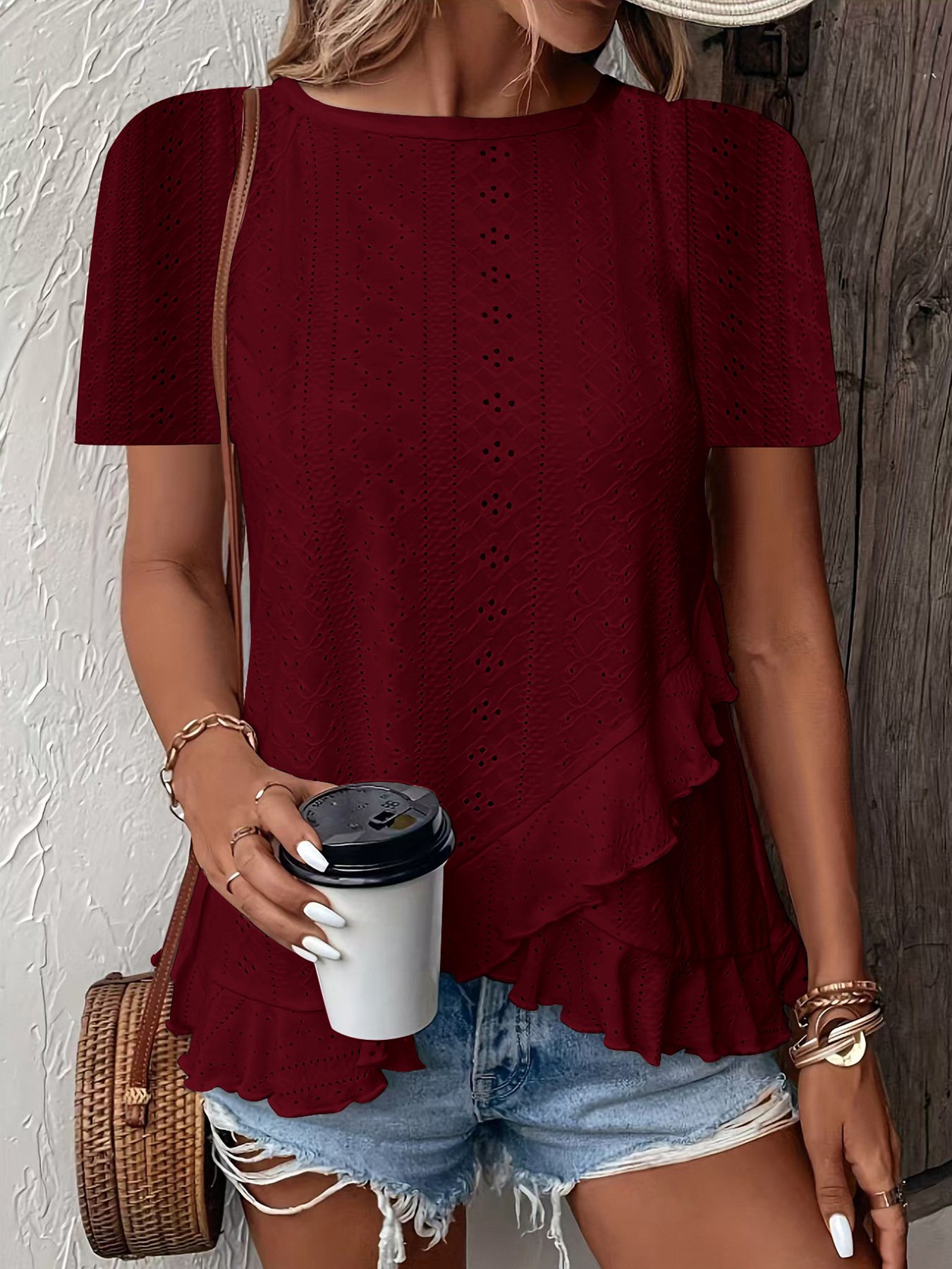 Women's Short Sleeve T-shirt Summer Sky Blue Plain Hollow Out Crew Neck Daily Going Out Casual Top