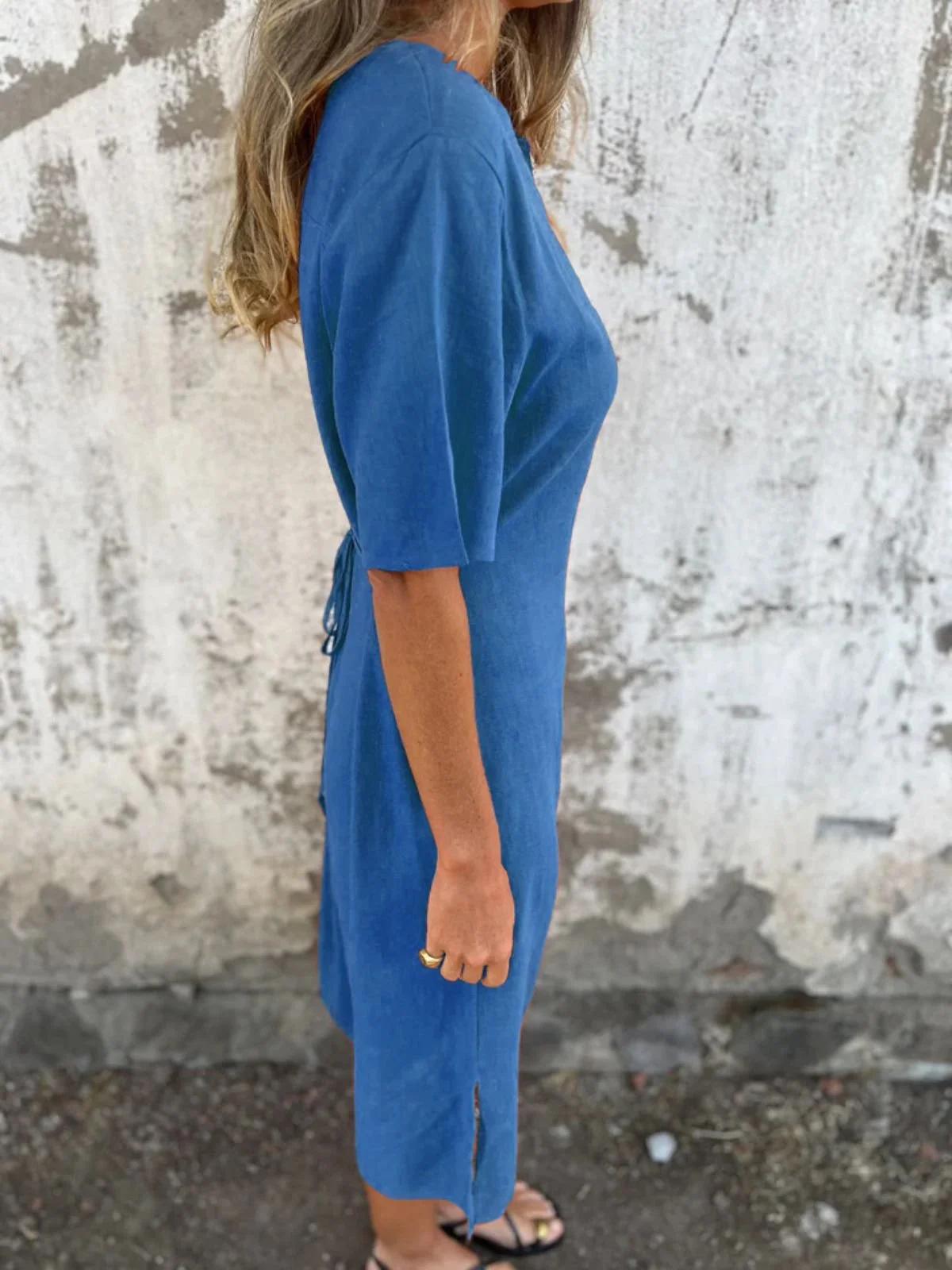 Vintage Notched Loose Dress With No