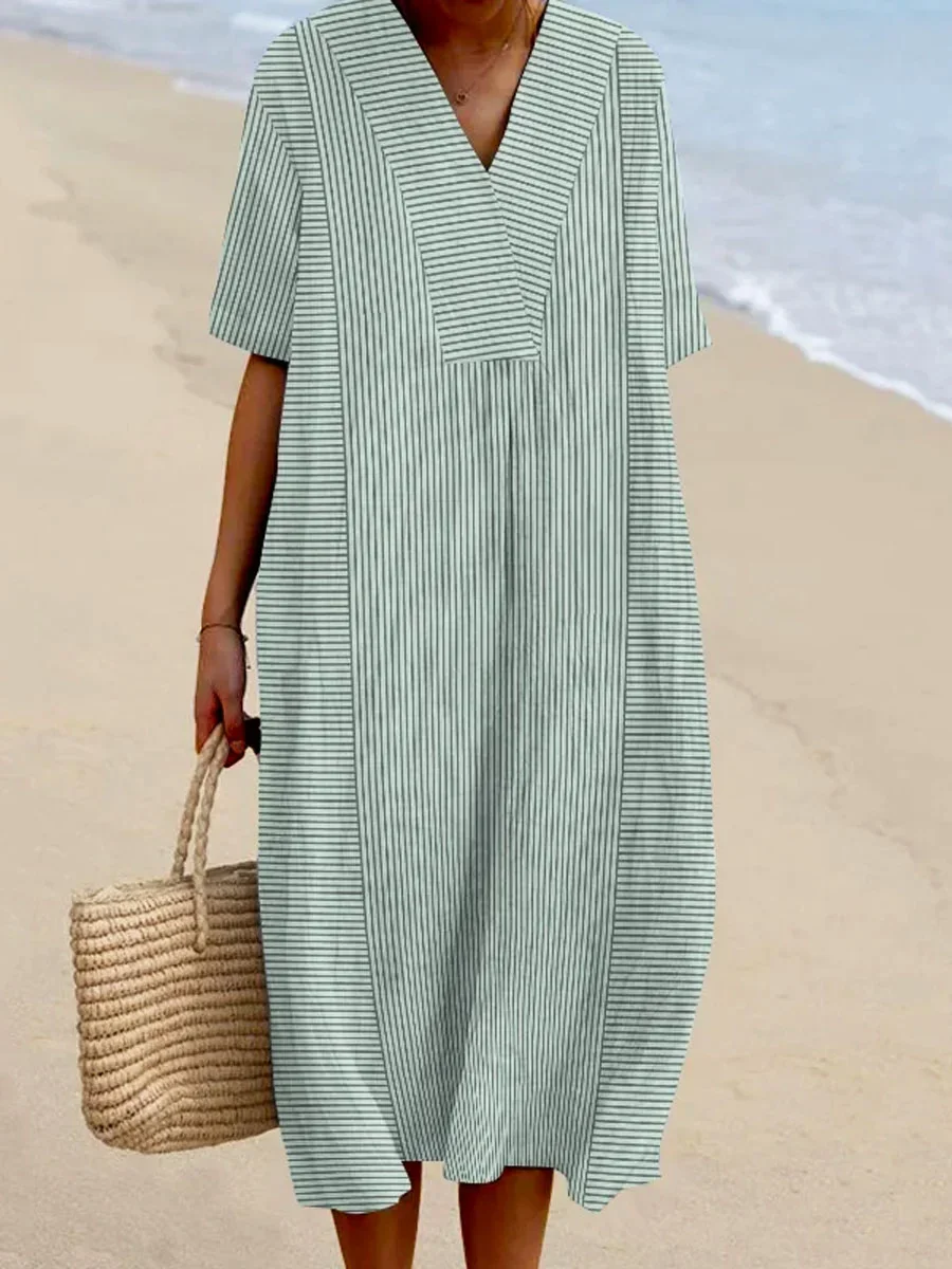 Casual Crew Neck Striped Regular Fit Dress With No