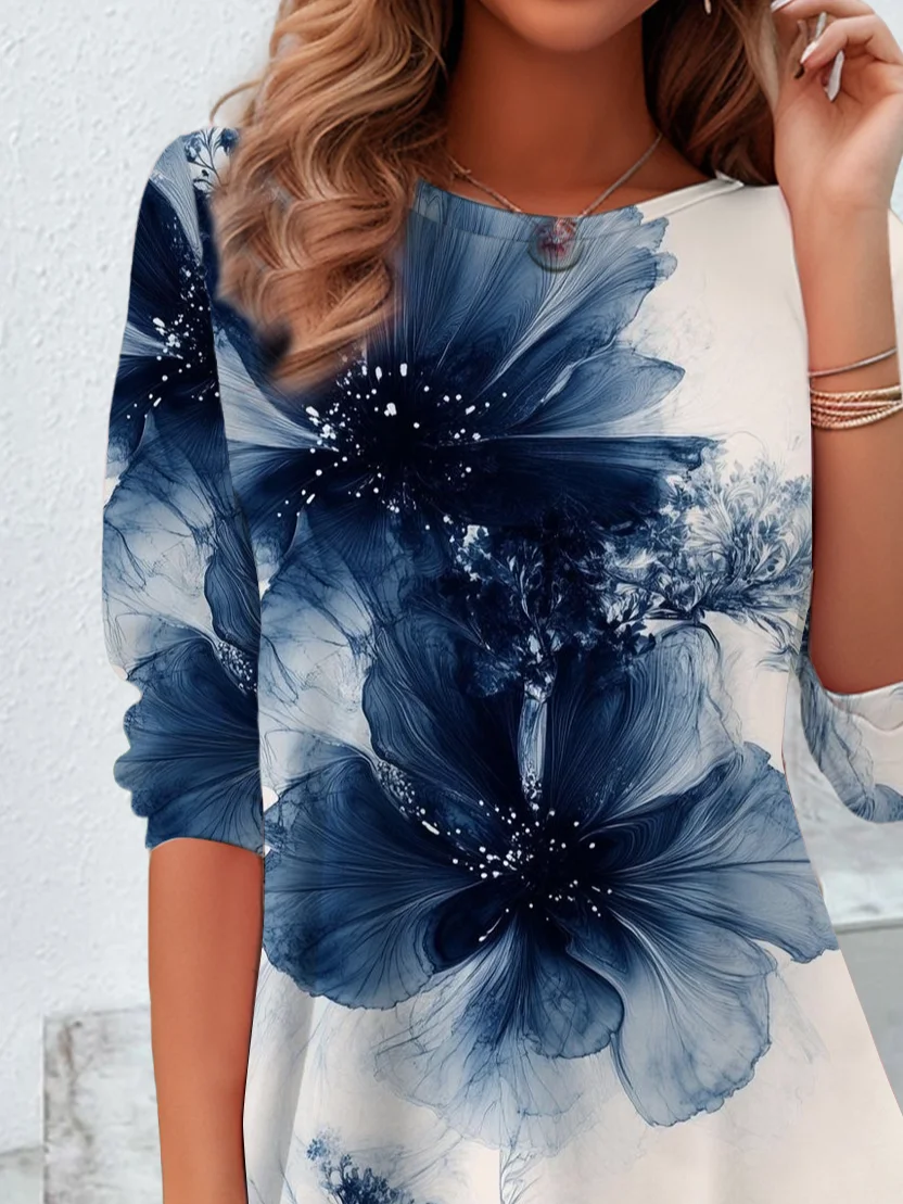 Women's Floral Print Casual Crew Neck Long Sleeve Tunic Waist Tee