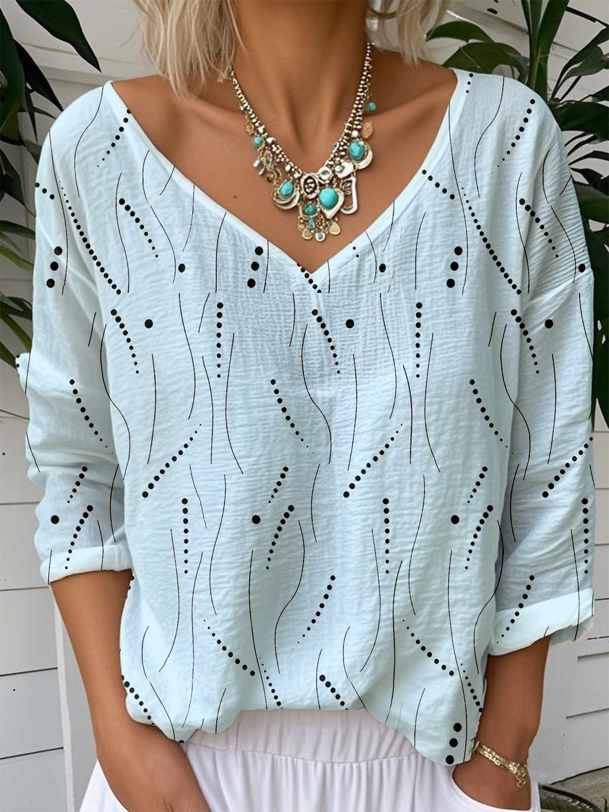 Print Casual V Neck Long Sleeve T-Shirt